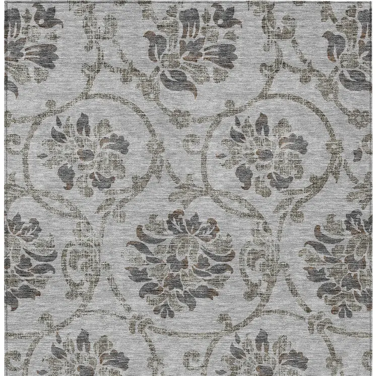 3' X 5' Gray Charcoal And Taupe Floral Washable Indoor Outdoor Area Rug