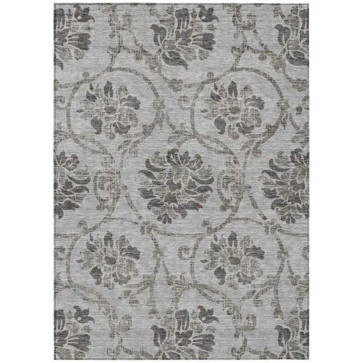 3' X 5' Gray Charcoal And Taupe Floral Washable Indoor Outdoor Area Rug