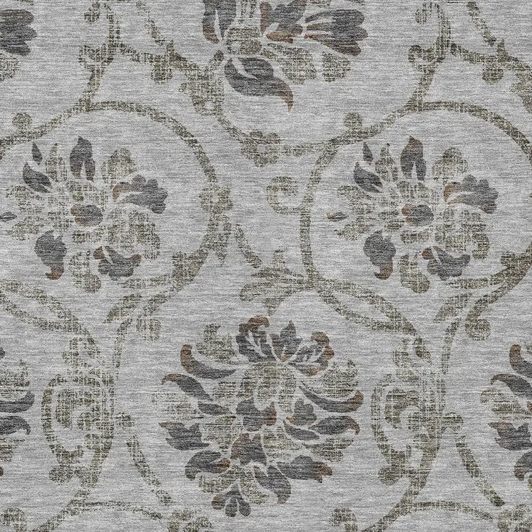 3' X 5' Gray Charcoal And Taupe Floral Washable Indoor Outdoor Area Rug