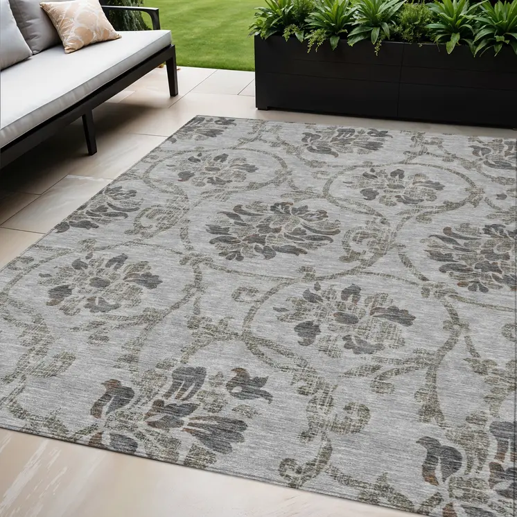 5' X 8' Gray Charcoal And Taupe Floral Washable Indoor Outdoor Area Rug
