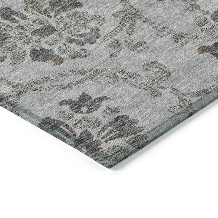 5' X 8' Gray Charcoal And Taupe Floral Washable Indoor Outdoor Area Rug