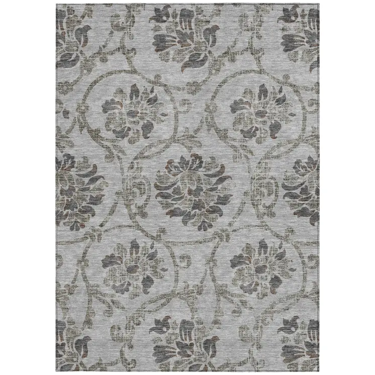 5' X 8' Gray Charcoal And Taupe Floral Washable Indoor Outdoor Area Rug