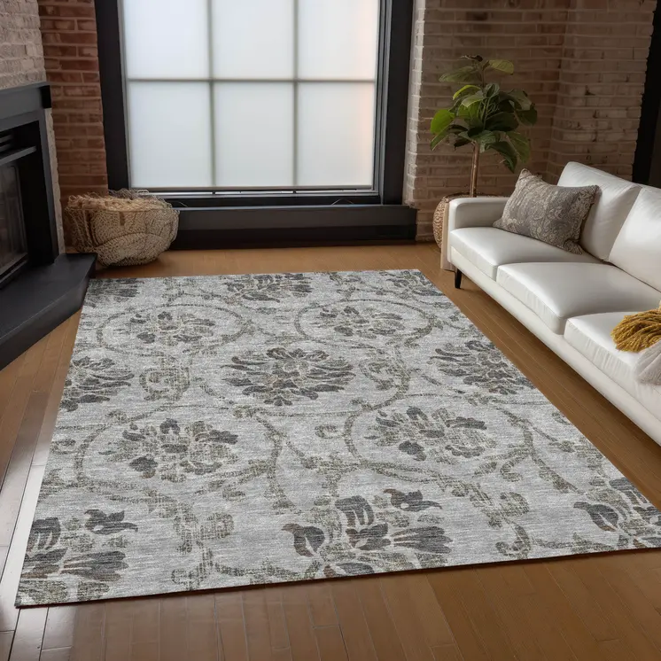 5' X 8' Gray Charcoal And Taupe Floral Washable Indoor Outdoor Area Rug