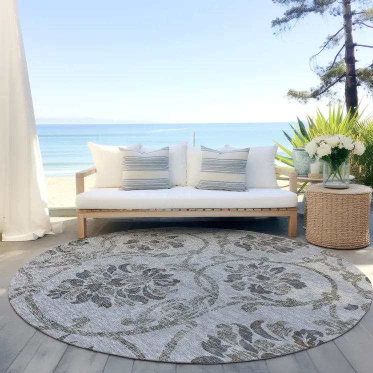 8' Gray Charcoal And Taupe Round Floral Washable Indoor Outdoor Area Rug