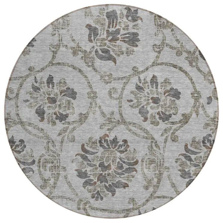 8' Gray Charcoal And Taupe Round Floral Washable Indoor Outdoor Area Rug