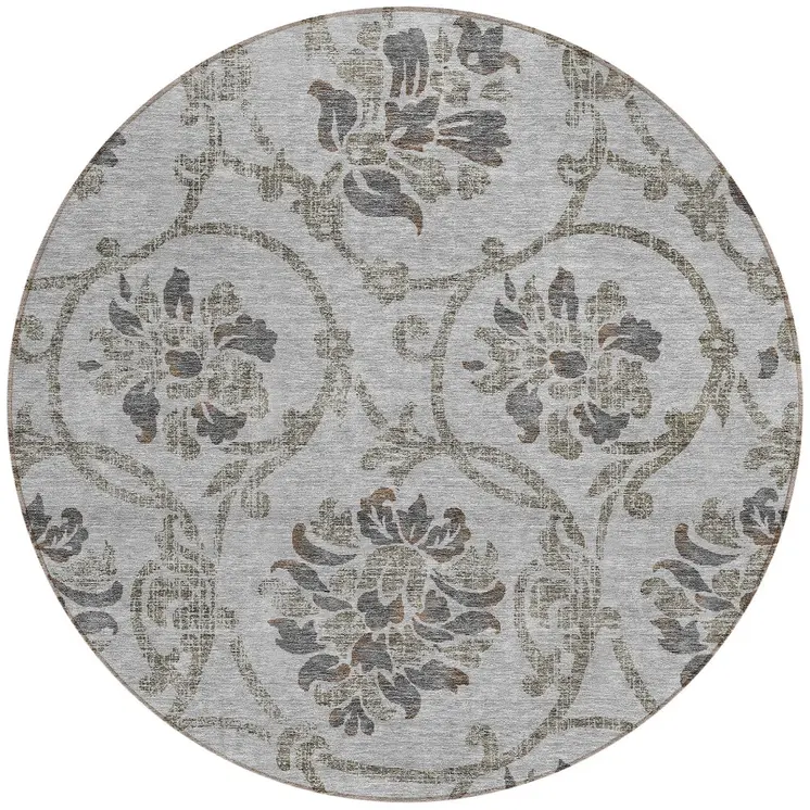8' Gray Charcoal And Taupe Round Floral Washable Indoor Outdoor Area Rug