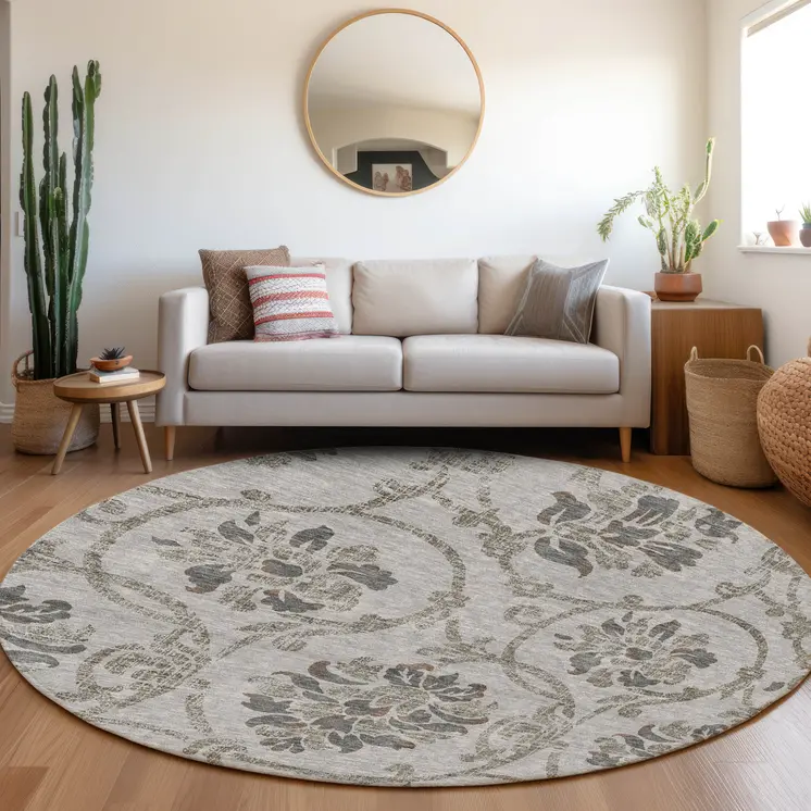 8' Gray Charcoal And Taupe Round Floral Washable Indoor Outdoor Area Rug
