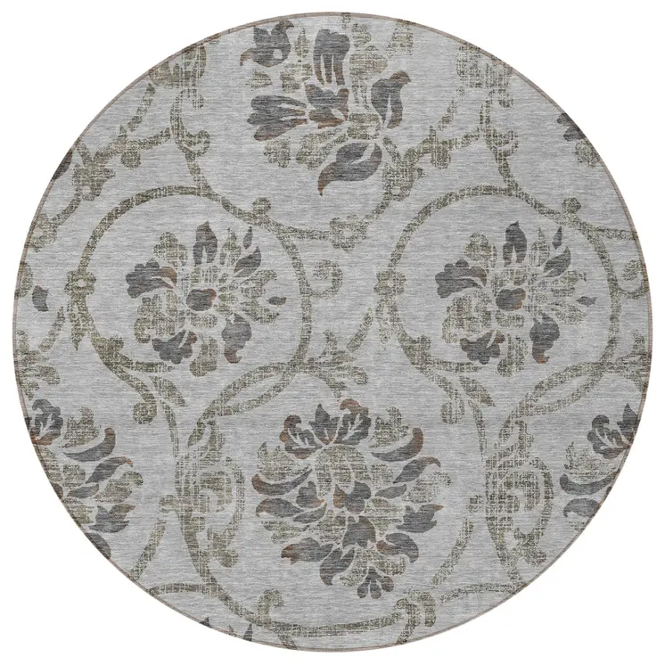 8' Gray Charcoal And Taupe Round Floral Washable Indoor Outdoor Area Rug