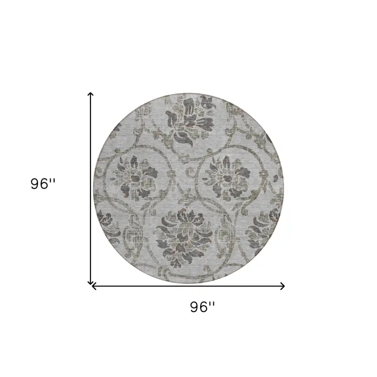 8' Gray Charcoal And Taupe Round Floral Washable Indoor Outdoor Area Rug