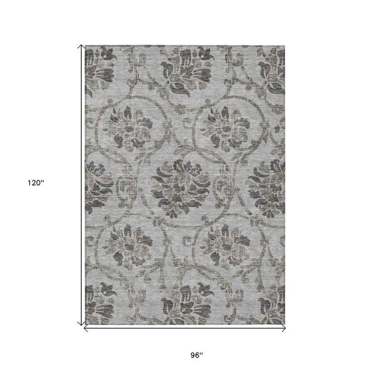 8' X 10' Gray Charcoal And Taupe Floral Washable Indoor Outdoor Area Rug