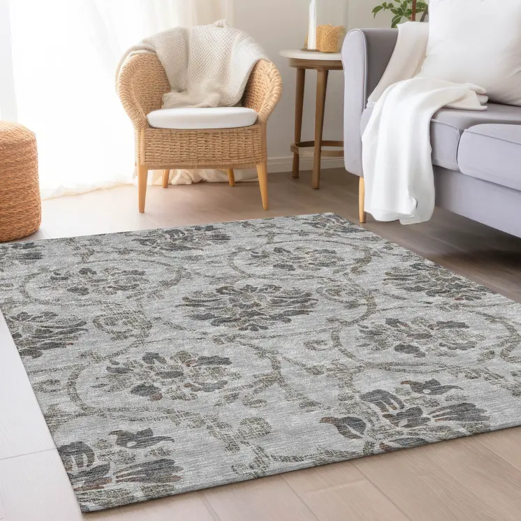 8' X 10' Gray Charcoal And Taupe Floral Washable Indoor Outdoor Area Rug