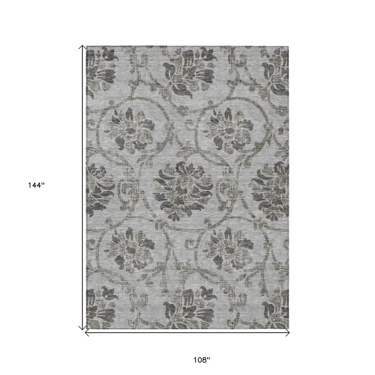 9' X 12' Gray Charcoal And Taupe Floral Washable Indoor Outdoor Area Rug