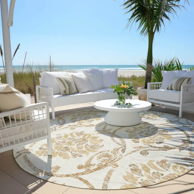 8' Ivory Beige And Gold Round Floral Washable Indoor Outdoor Area Rug