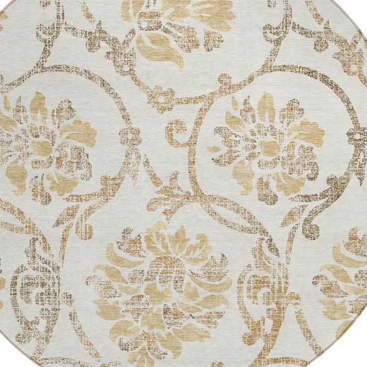 8' Ivory Beige And Gold Round Floral Washable Indoor Outdoor Area Rug