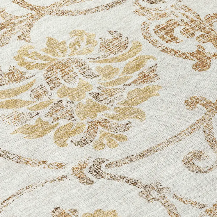8' Ivory Beige And Gold Round Floral Washable Indoor Outdoor Area Rug