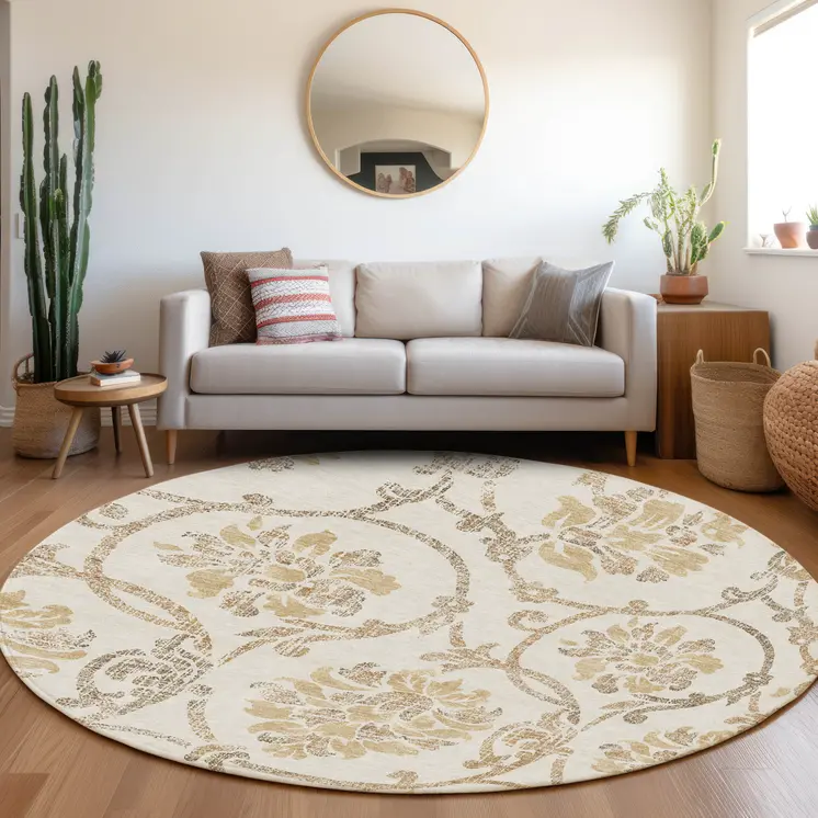 8' Ivory Beige And Gold Round Floral Washable Indoor Outdoor Area Rug