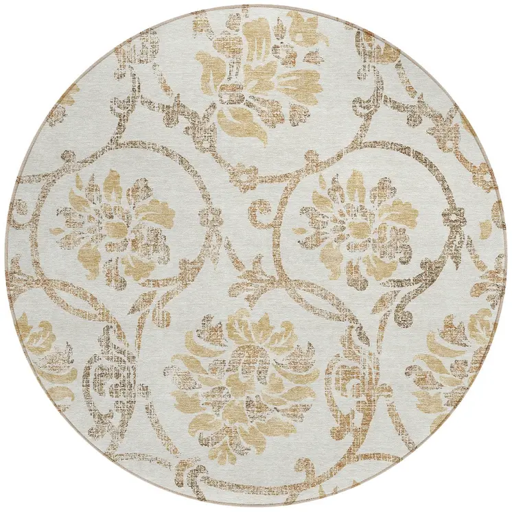 8' Ivory Beige And Gold Round Floral Washable Indoor Outdoor Area Rug