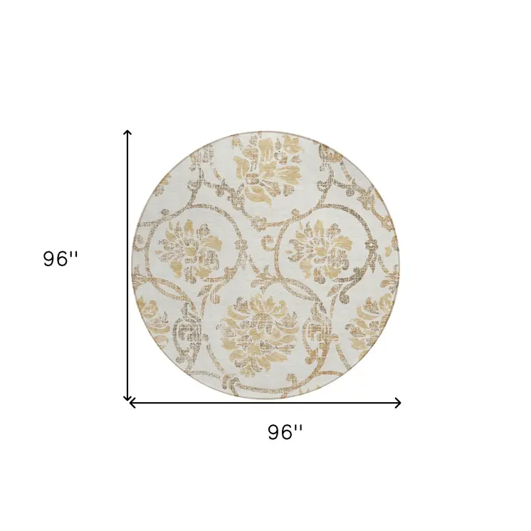 8' Ivory Beige And Gold Round Floral Washable Indoor Outdoor Area Rug