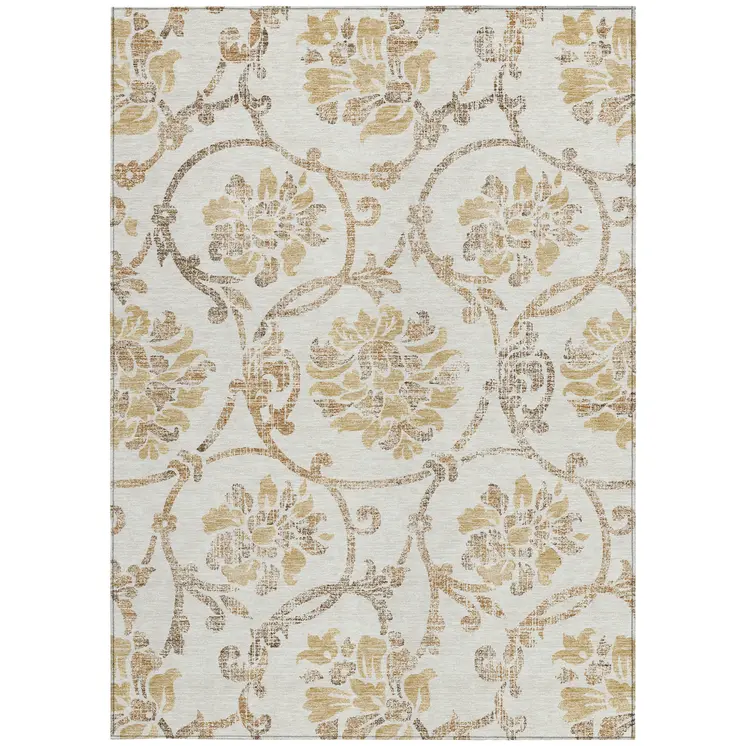 8' X 10' Ivory Beige And Gold Floral Washable Indoor Outdoor Area Rug