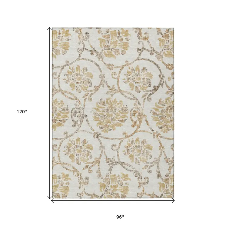 8' X 10' Ivory Beige And Gold Floral Washable Indoor Outdoor Area Rug