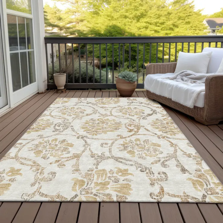 8' X 10' Ivory Beige And Gold Floral Washable Indoor Outdoor Area Rug