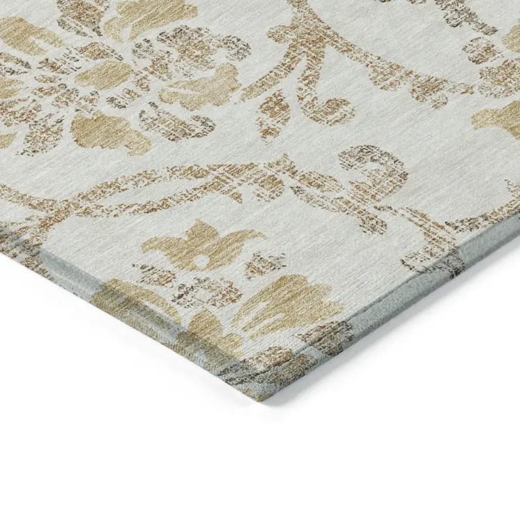 8' X 10' Ivory Beige And Gold Floral Washable Indoor Outdoor Area Rug