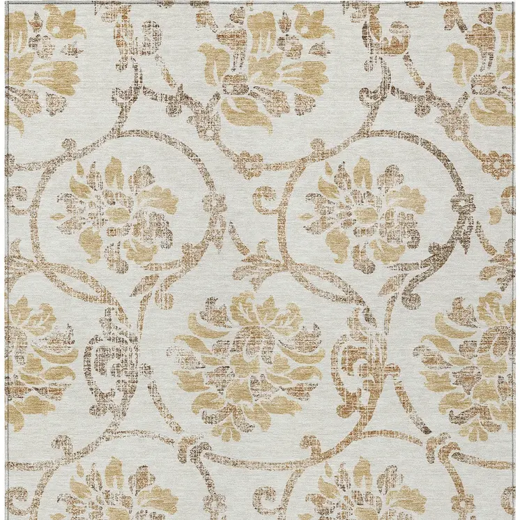 9' X 12' Ivory Beige And Gold Floral Washable Indoor Outdoor Area Rug