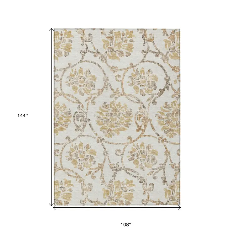 9' X 12' Ivory Beige And Gold Floral Washable Indoor Outdoor Area Rug