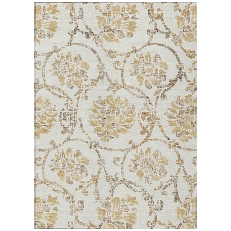 9' X 12' Ivory Beige And Gold Floral Washable Indoor Outdoor Area Rug