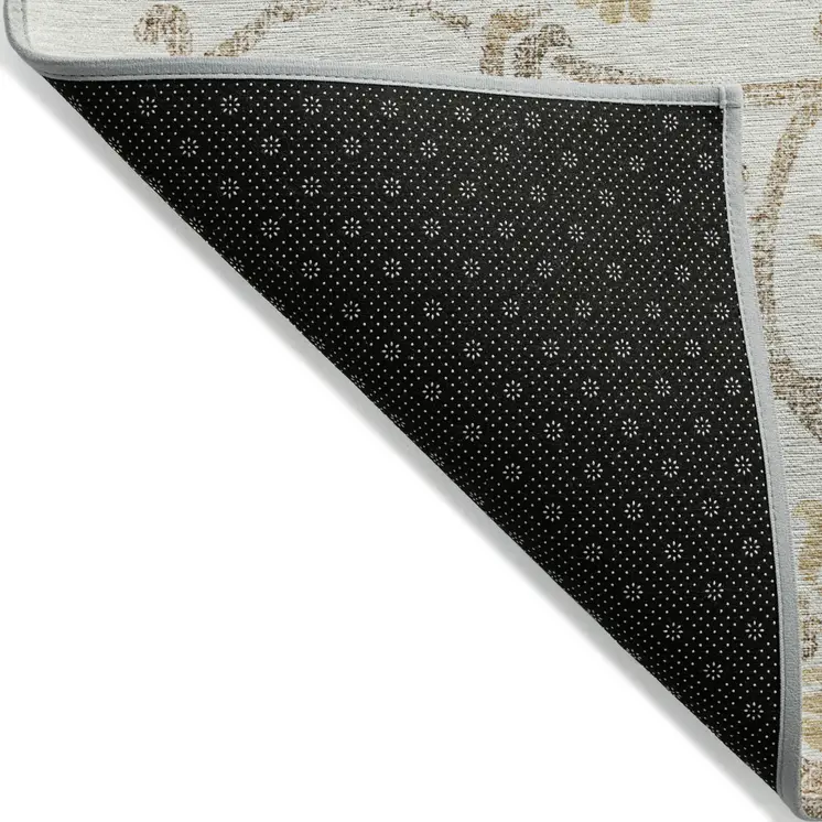 9' X 12' Ivory Beige And Gold Floral Washable Indoor Outdoor Area Rug