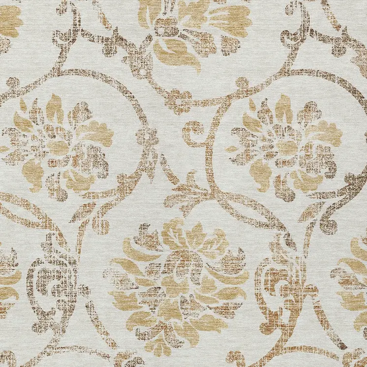 9' X 12' Ivory Beige And Gold Floral Washable Indoor Outdoor Area Rug