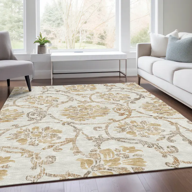9' X 12' Ivory Beige And Gold Floral Washable Indoor Outdoor Area Rug