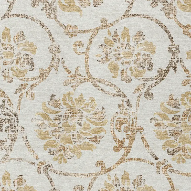 10' X 14' Ivory Beige And Gold Floral Washable Indoor Outdoor Area Rug