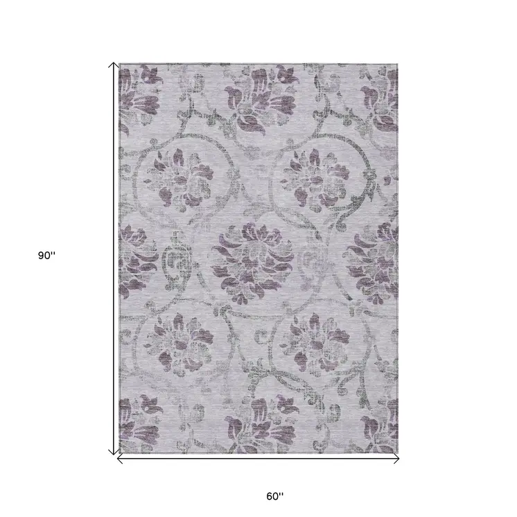 5' X 8' Lavender Purple And Gray Floral Washable Indoor Outdoor Area Rug
