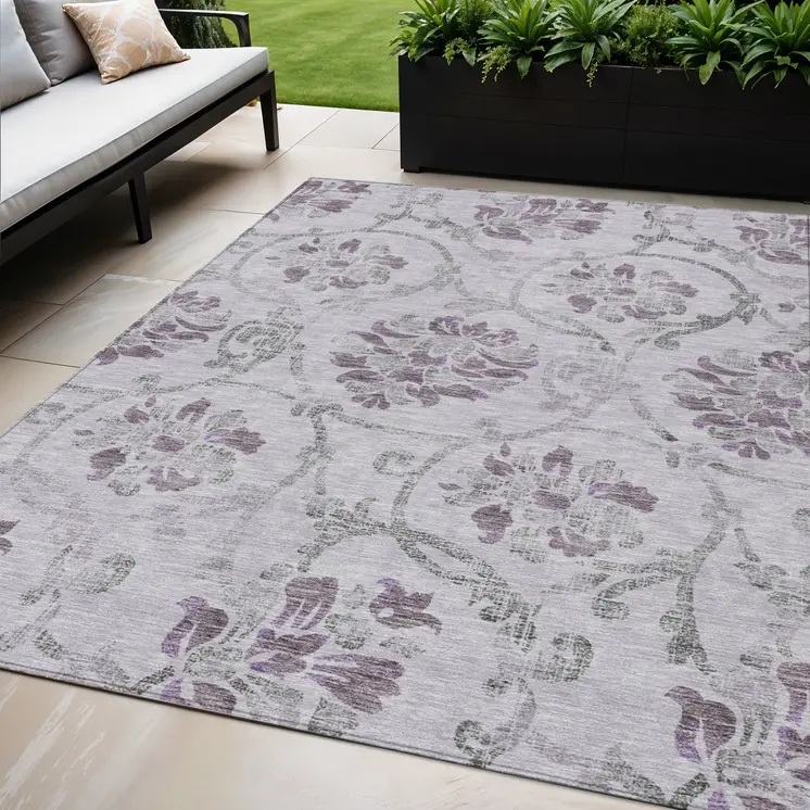 5' X 8' Lavender Purple And Gray Floral Washable Indoor Outdoor Area Rug