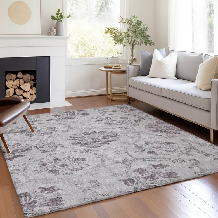 5' X 8' Lavender Purple And Gray Floral Washable Indoor Outdoor Area Rug
