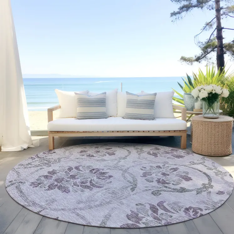 8' Lavender Purple And Gray Round Floral Washable Indoor Outdoor Area Rug
