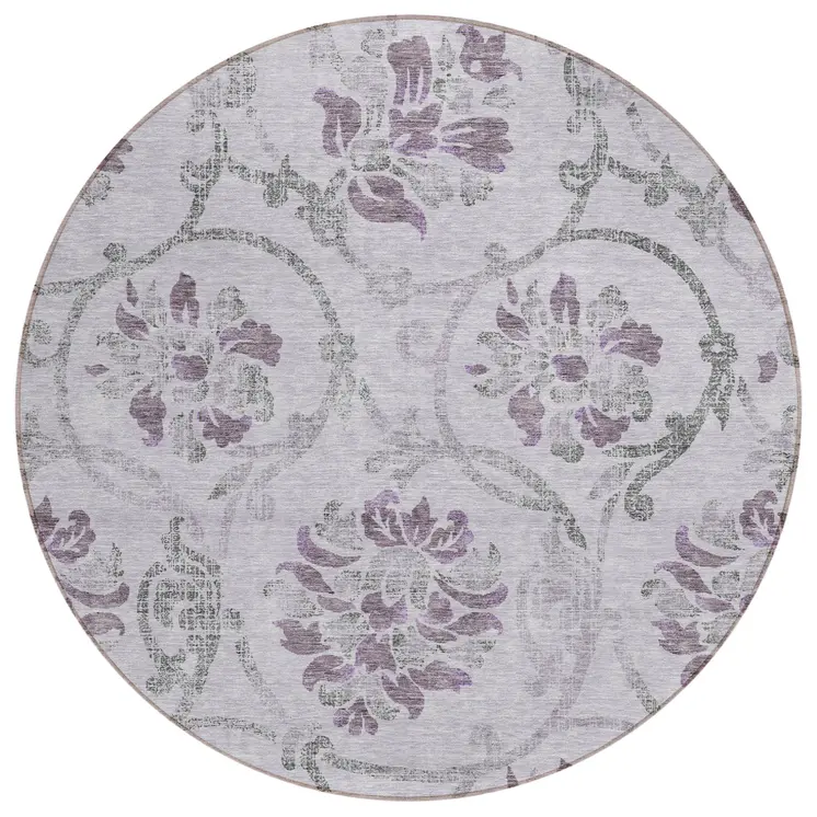 8' Lavender Purple And Gray Round Floral Washable Indoor Outdoor Area Rug