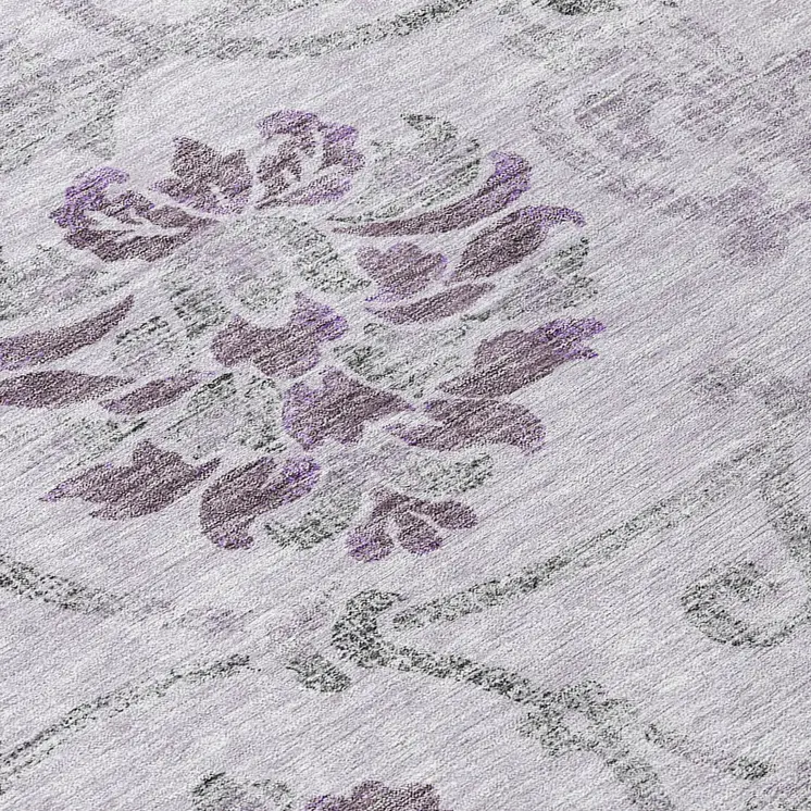 8' Lavender Purple And Gray Round Floral Washable Indoor Outdoor Area Rug