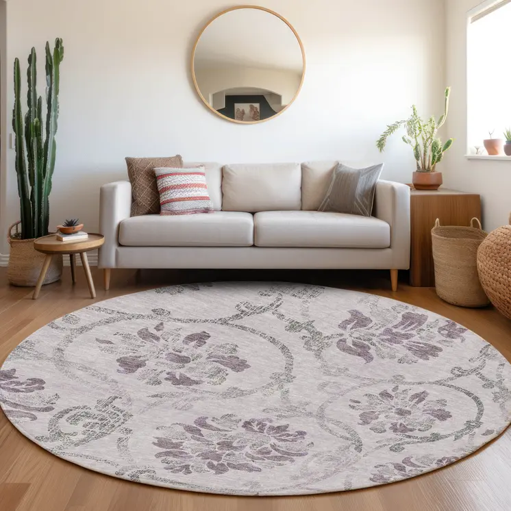 8' Lavender Purple And Gray Round Floral Washable Indoor Outdoor Area Rug