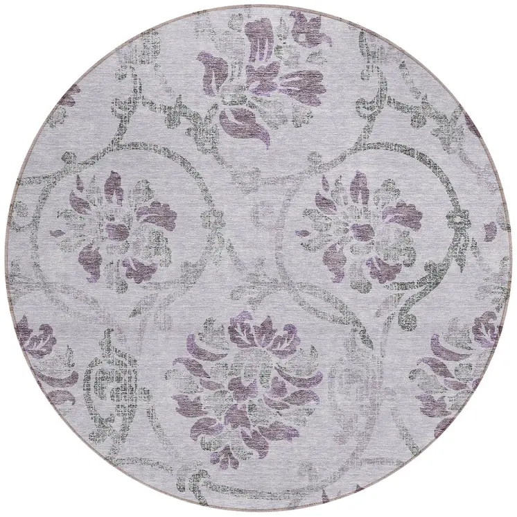 8' Lavender Purple And Gray Round Floral Washable Indoor Outdoor Area Rug