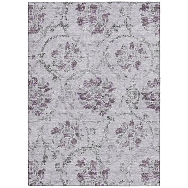 8' X 10' Lavender Purple And Gray Floral Washable Indoor Outdoor Area Rug
