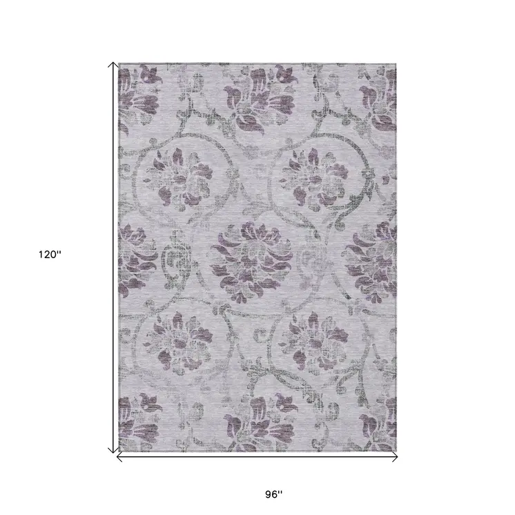 8' X 10' Lavender Purple And Gray Floral Washable Indoor Outdoor Area Rug