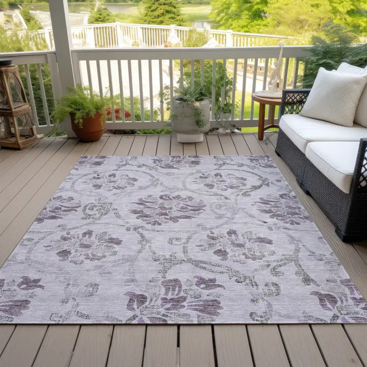 8' X 10' Lavender Purple And Gray Floral Washable Indoor Outdoor Area Rug