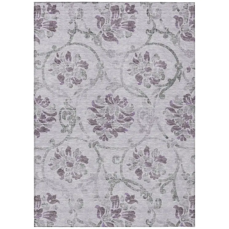 8' X 10' Lavender Purple And Gray Floral Washable Indoor Outdoor Area Rug