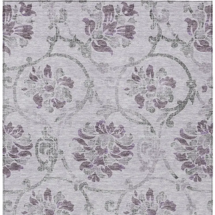 9' X 12' Lavender Purple And Gray Floral Washable Indoor Outdoor Area Rug