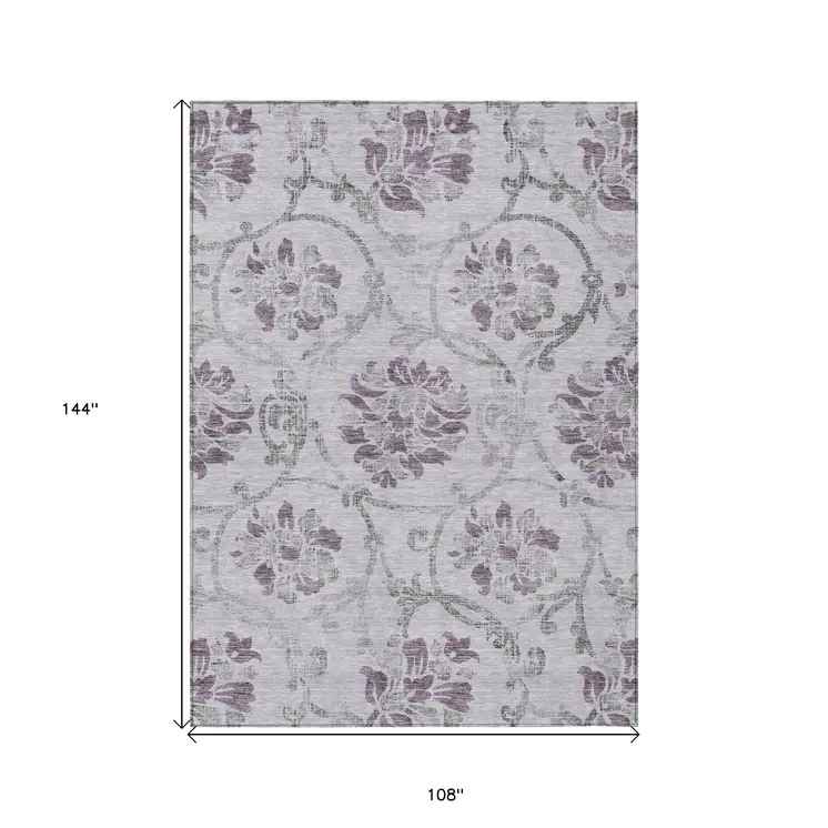 9' X 12' Lavender Purple And Gray Floral Washable Indoor Outdoor Area Rug