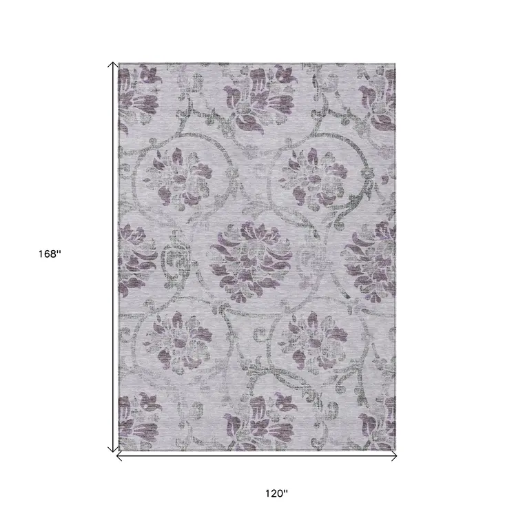 10' X 14' Lavender Purple And Gray Floral Washable Indoor Outdoor Area Rug