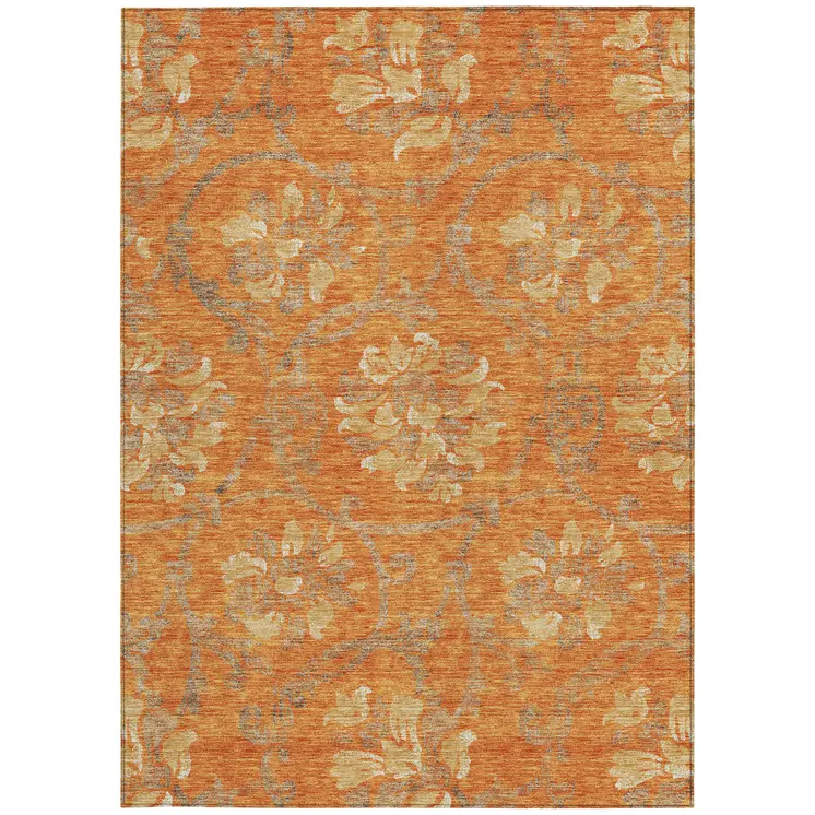 3' X 5' Orange Gray And Beige Floral Washable Indoor Outdoor Area Rug