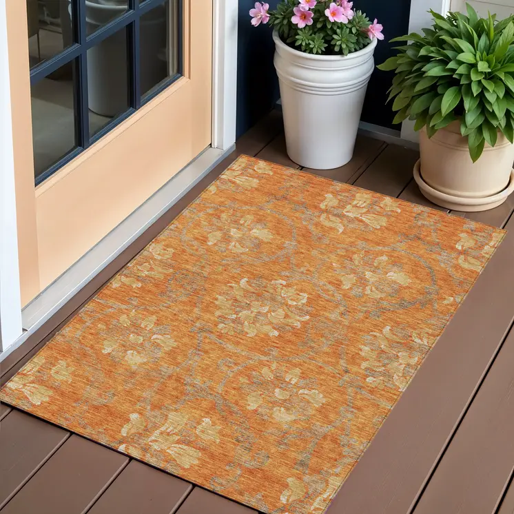 3' X 5' Orange Gray And Beige Floral Washable Indoor Outdoor Area Rug